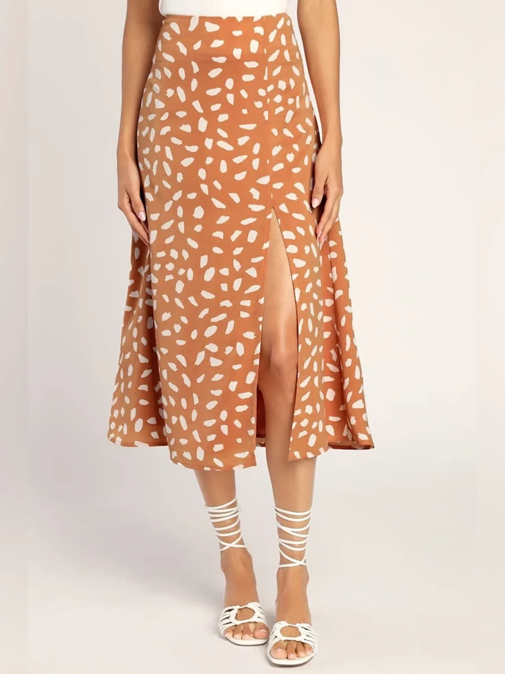Lulus Getting Glam Peach Print Slit Midi Skirt Size XS NWT